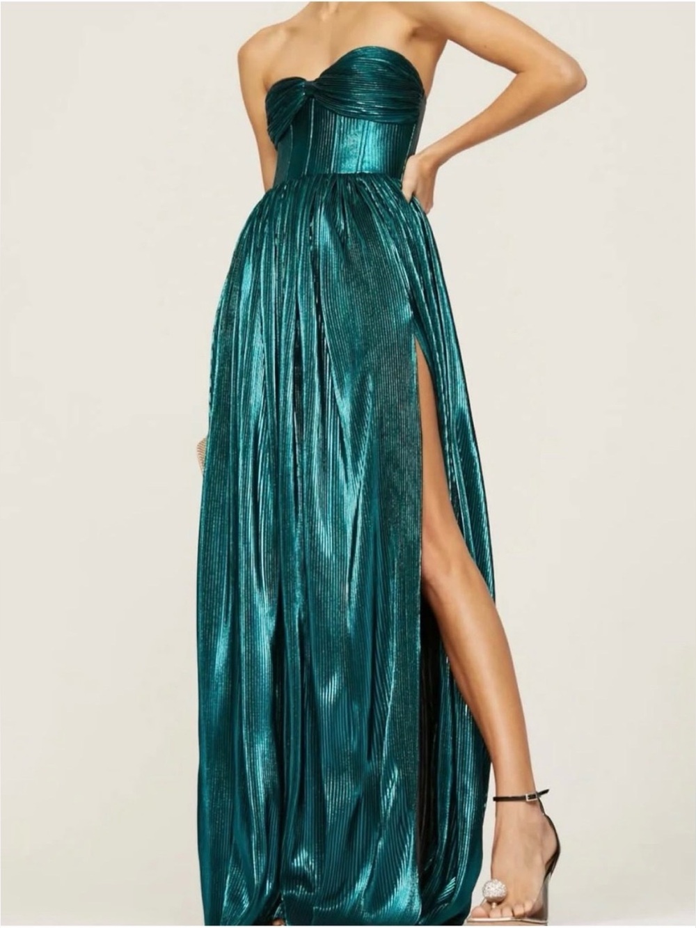 Bronx and Banco Florence Emerald Green Metallic Maxi Gown with Side Slit Size Sm